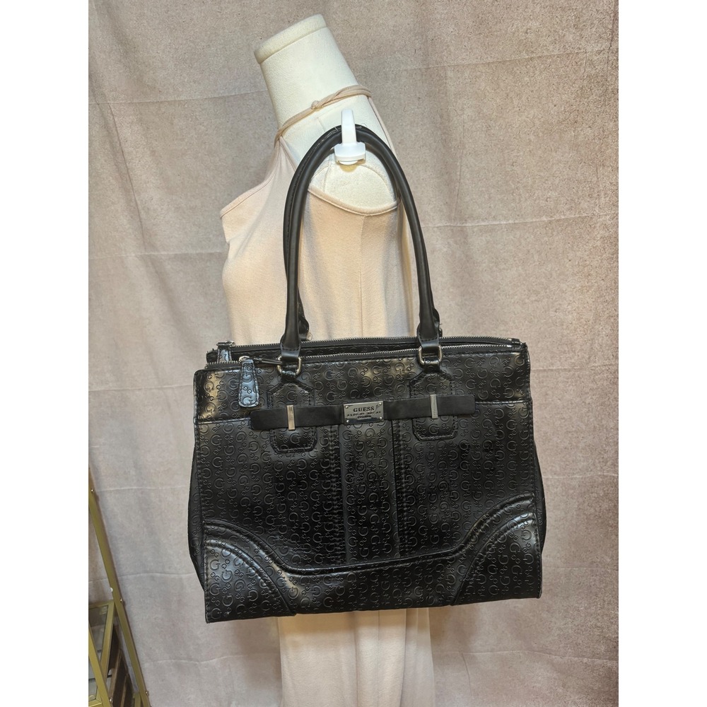 Guess Black Embossed Logo Tote‎ Bag Leopard Print Lining Shoulder Bag